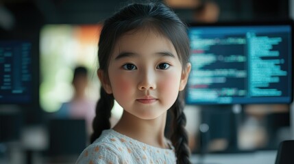 Multicultural girl engaged in coding lesson with focus on AI technology in a STEM classroom setting fostering educational growth and curiosity