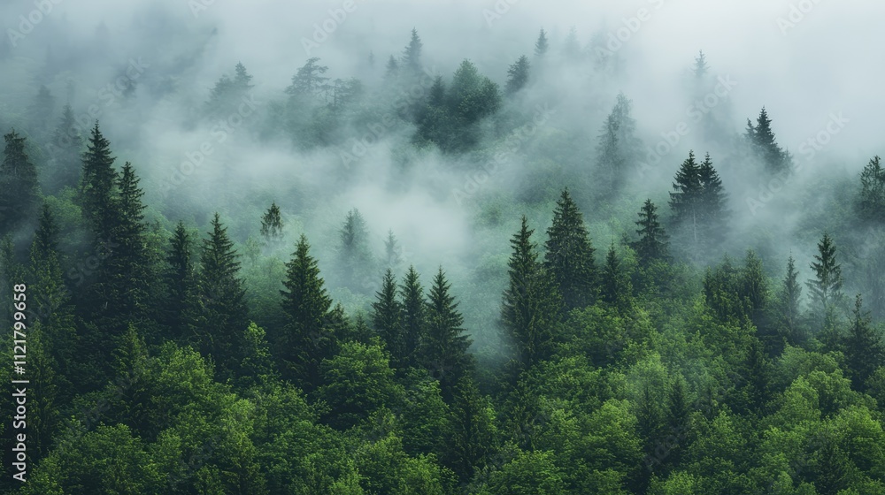 Poster Lush green forest enveloped in mystical fog creating a serene tranquil atmosphere with rich shades of greenery and depth.