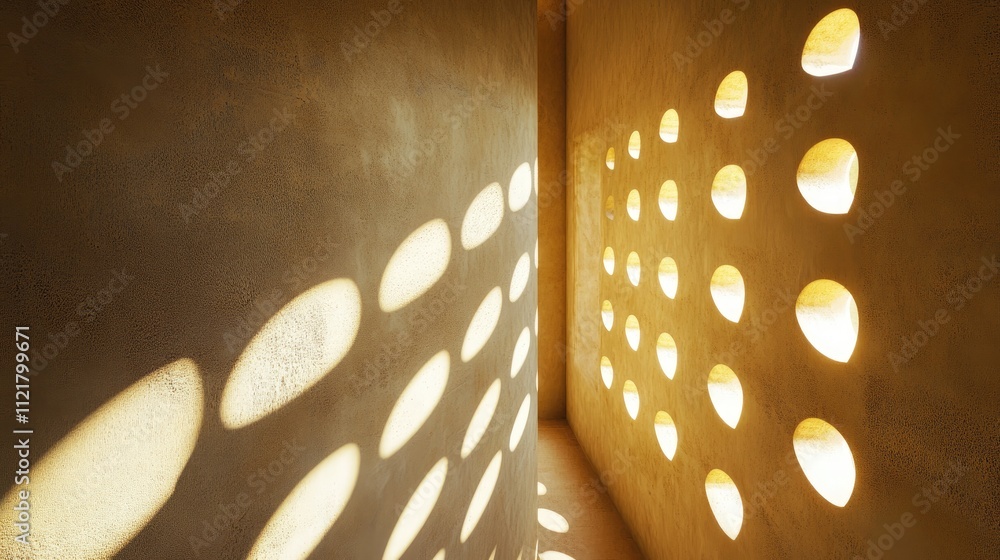 Aufkleber Sunlight patterns casting through circular openings onto soft cream walls creating a serene and warm atmosphere in a minimalist interior space