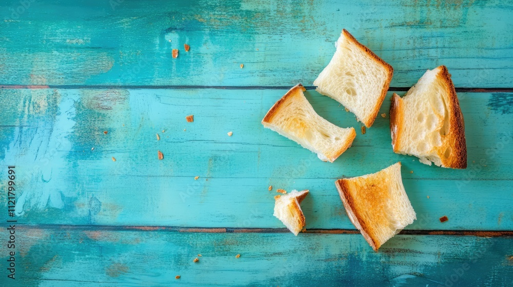 Poster sliced toast bread pieces scattered on a vibrant blue wooden table creating a rustic and appetizing 