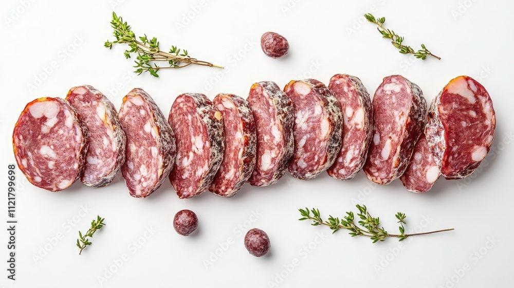 Poster sliced boiled ham sausage arranged elegantly on a white background with fresh herbs enhancing the vi