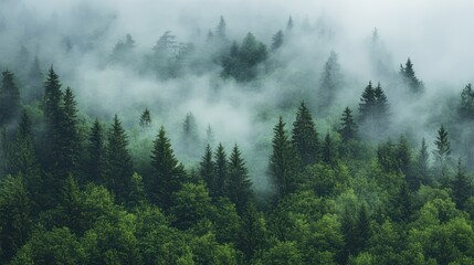 Lush green forest enveloped in mystical fog creating a serene tranquil atmosphere with rich shades of greenery and depth.