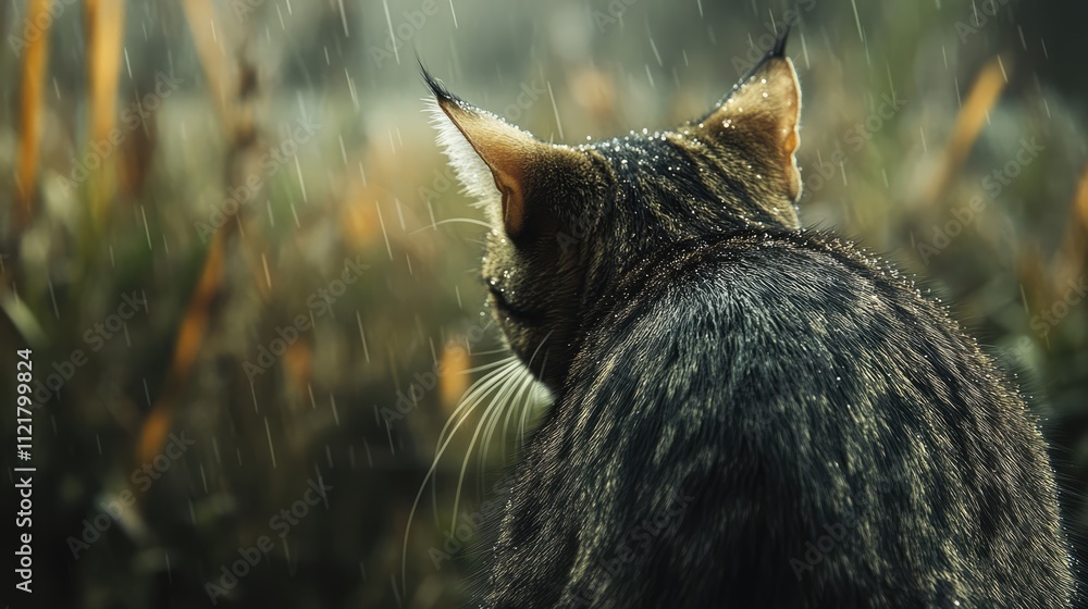 Aufkleber cat tail in rain with droplets showcasing fur textures in a natural outdoor setting emphasizing tran