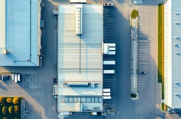 Aerial view of an industrial warehouse with a truck loading dock, surrounded by a parking lot and cars. The warehouse architecture features a white roof. image was captured using aerial photography