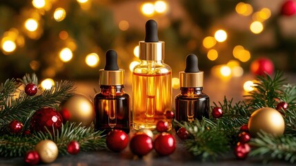 Elegant display of perfume oil bottles with pipettes surrounded by festive decorations ideal for beauty and wellness themed visuals