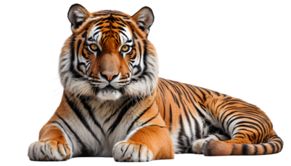 A tiger is laying down on a white background