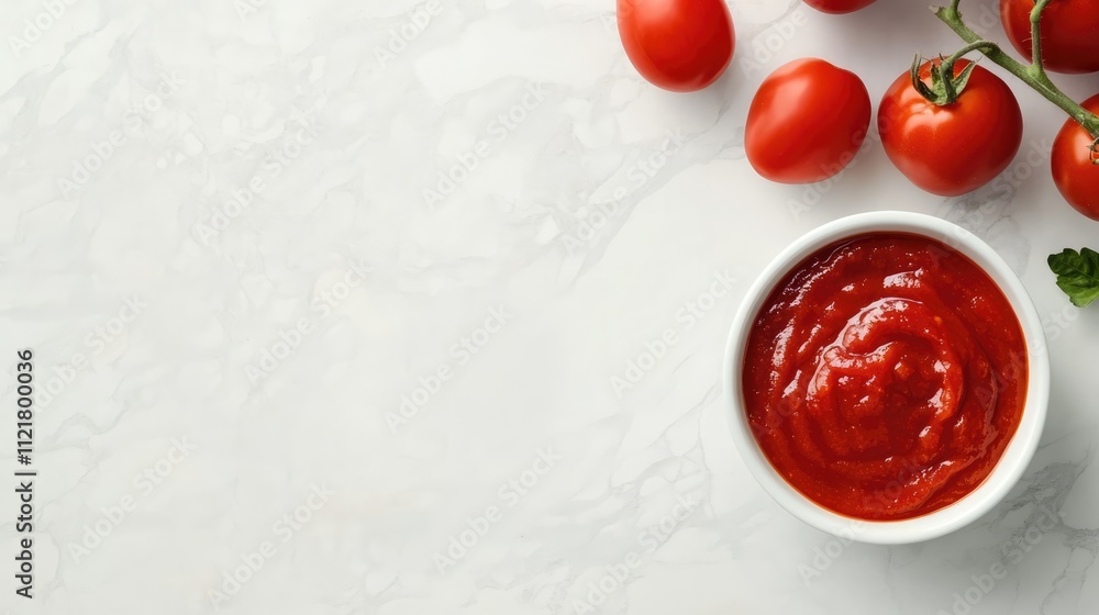 Aufkleber tomato ketchup served in a white bowl with fresh tomatoes on a light marble background for culinary 
