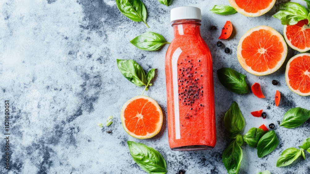 Poster refreshing red fruit juice with basil seeds in a clear bottle surrounded by citrus slices and fresh 