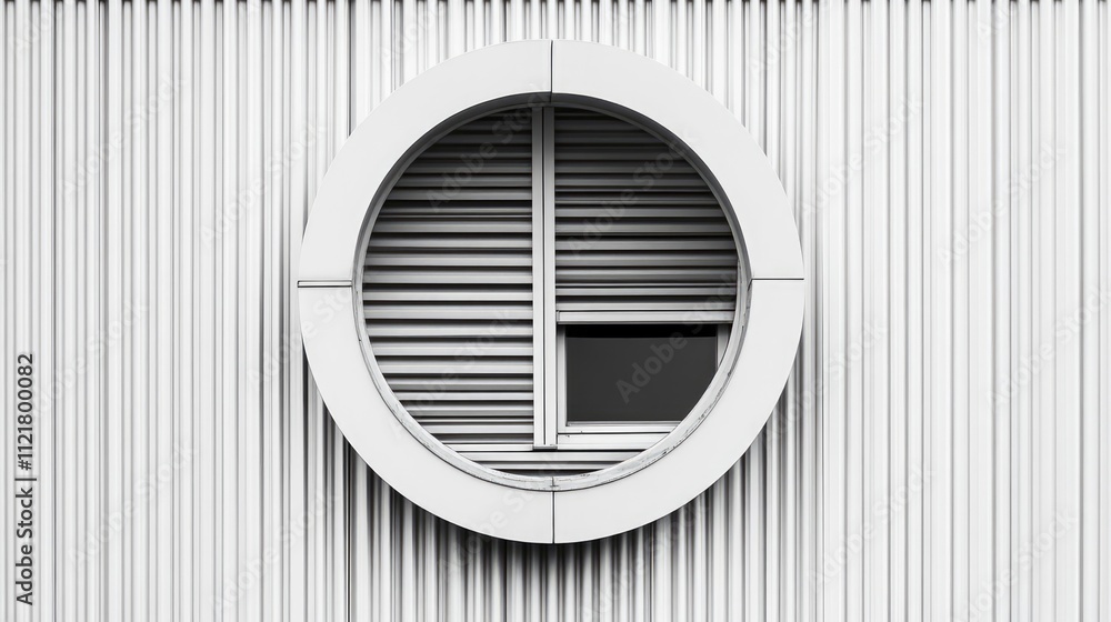 Poster modern architectural design featuring a circular window against a striped white facade emphasizing m