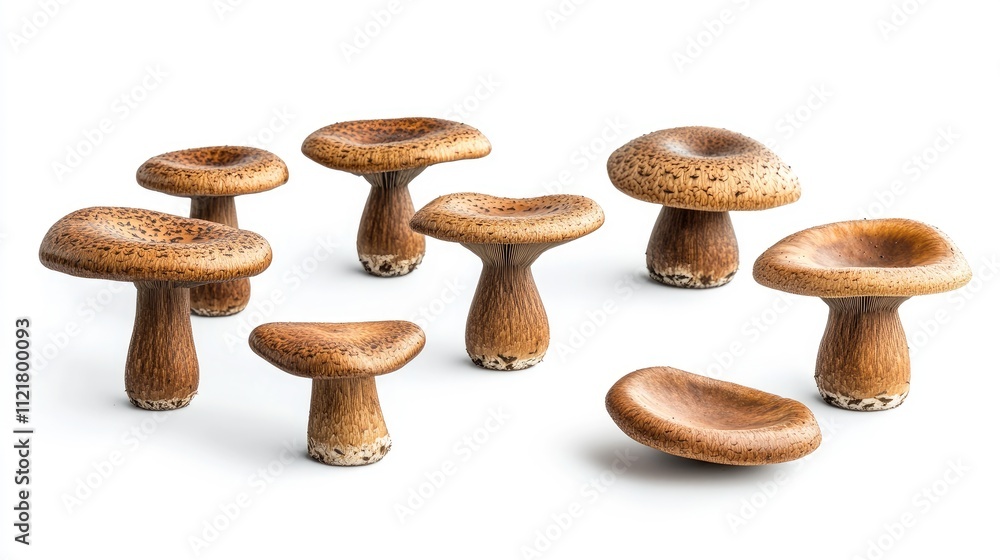 Poster shiitake mushrooms arranged artfully on a clean white background showcasing their unique shapes and 