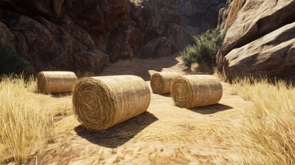 Bales of straw in a rocky canyon landscape surrounded by dry grass and natural elements.