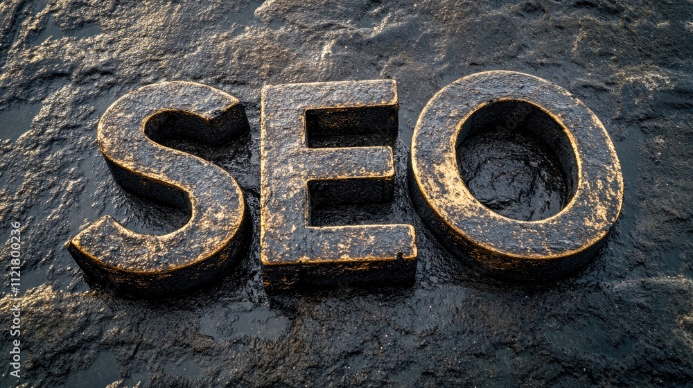 Poster seo letters on textured dark stone background symbolizing search engine optimization and digital mar