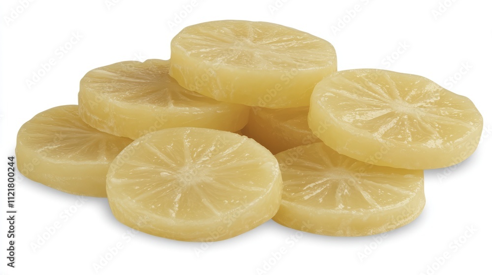 Poster sliced juicy lemons stacked on a white background showcasing their vibrant texture and fresh appeara