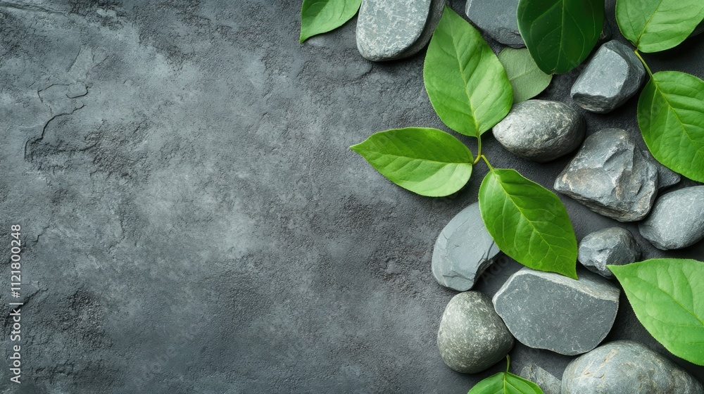Aufkleber green leaves scattered on a gray stone background creating a natural and calming texture ideal for w