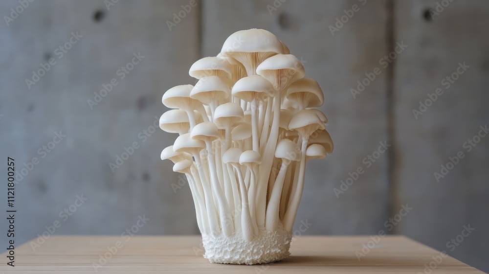 Poster shimeji mushrooms displayed on a wooden surface with a neutral background showcasing their delicate 