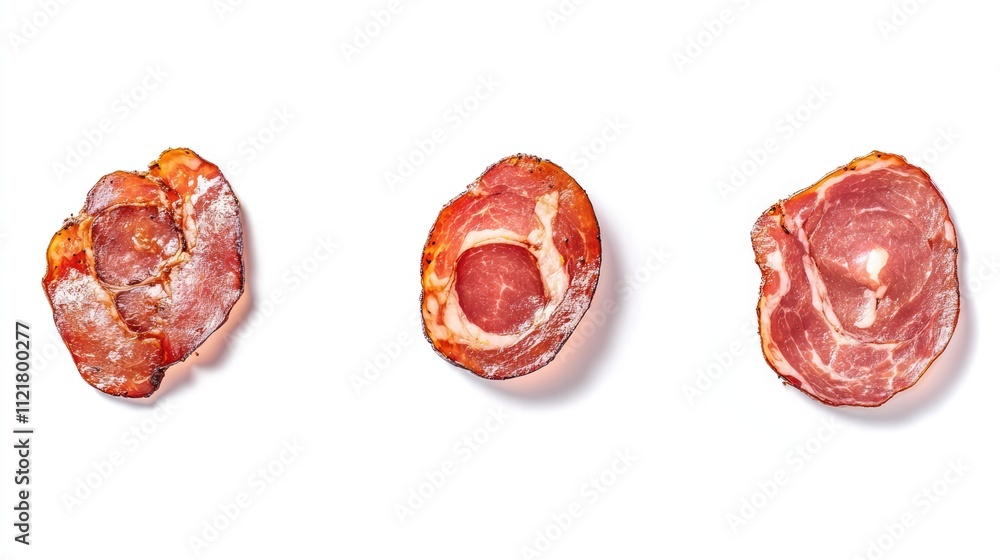 Poster Sliced boiled ham sausage pieces arranged on a white background showcasing texture and color from an aerial perspective.