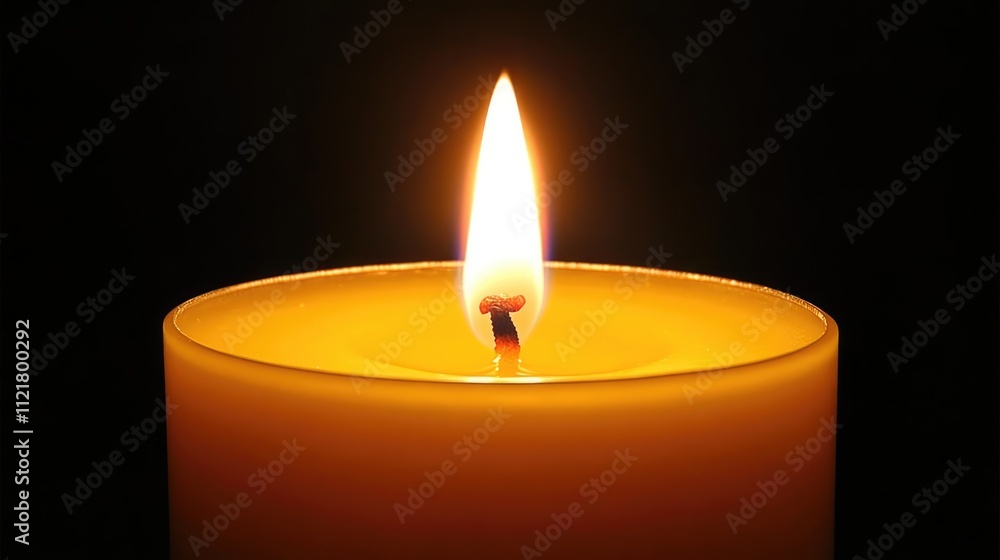 Poster Close up view of a bright flame illuminating the surface of a yellow candle against a dark background creating a serene atmosphere.