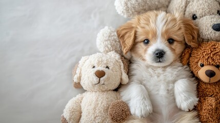Cuddly puppy nestled among soft toys with ample space for text in a warm and inviting setting perfect for family-oriented themes