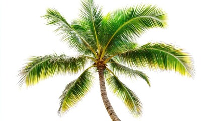 Coconut palm tree isolated on white background showcasing lush green fronds and distinctive trunk structure for tropical themes