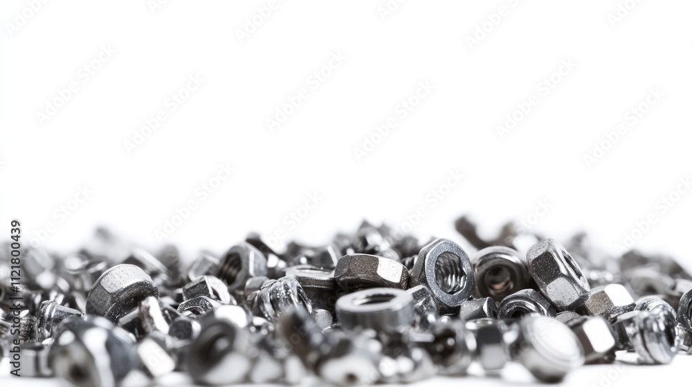 Poster close-up of assorted metallic nuts and bolts scattered on a white background showcasing texture and 