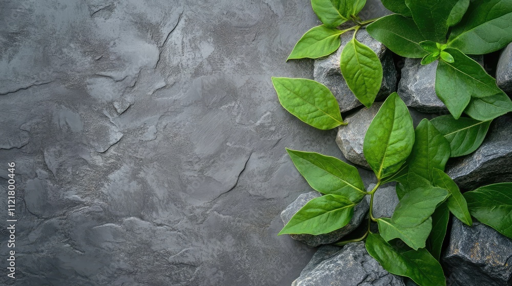 Poster green leaves arrangement on textured gray background with stones creating a natural and calming aest