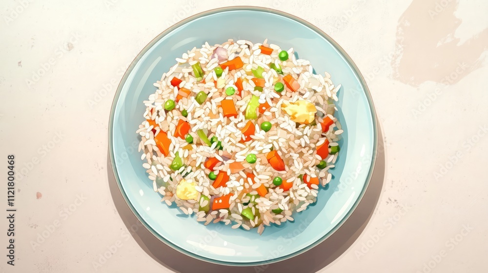 Poster bowl of colorful fried rice with vegetables and egg served on a light blue plate on a neutral beige 
