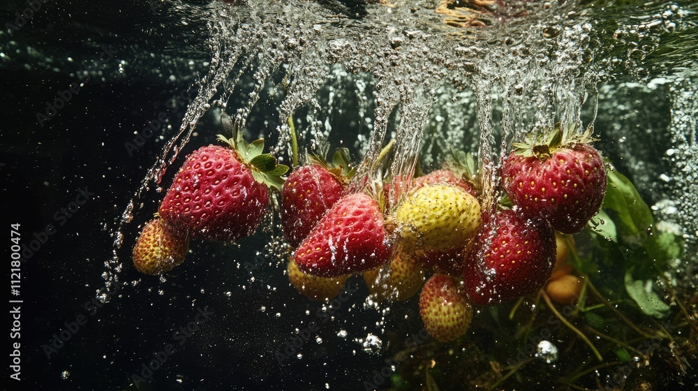 Poster strawberries splashing into water creating bubbles and ripples in a fresh and vibrant underwater sce