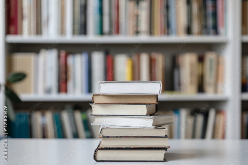 Poster aesthetic stack of vintage books in front of a blurred bookshelf background creating a cozy atmosphe