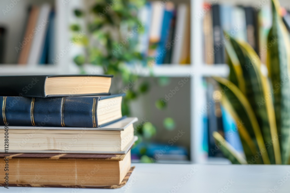 Poster aesthetic close-up of stacked books on a white table with a green plant and blurred bookshelf backgr