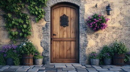Charming old town street featuring a rustic wooden door surrounded by colorful flowers and greenery against a textured stone wall