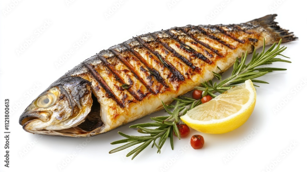Poster Grilled mackerel with rosemary and lemon showcasing a fresh and flavorful presentation on a white background