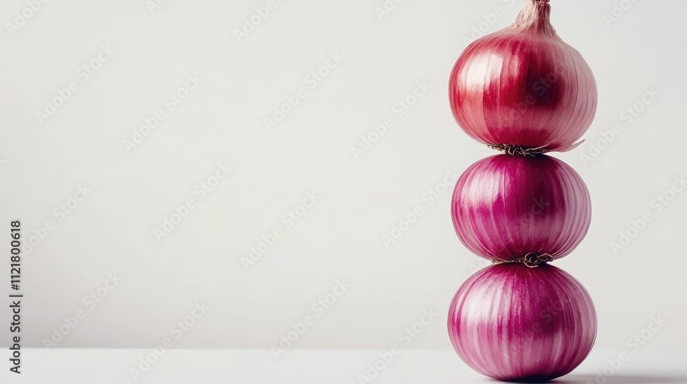 Poster stack of red onions arranged vertically on a white backdrop showcasing their vibrant colors and text