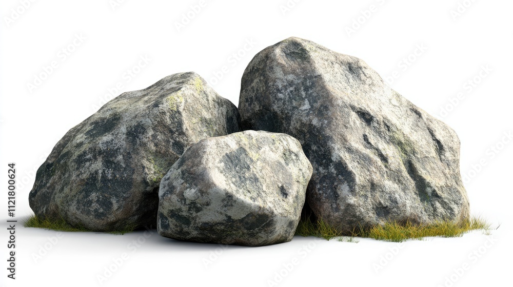 Poster three textured stones clustered together with patches of grass, isolated on a clean white background