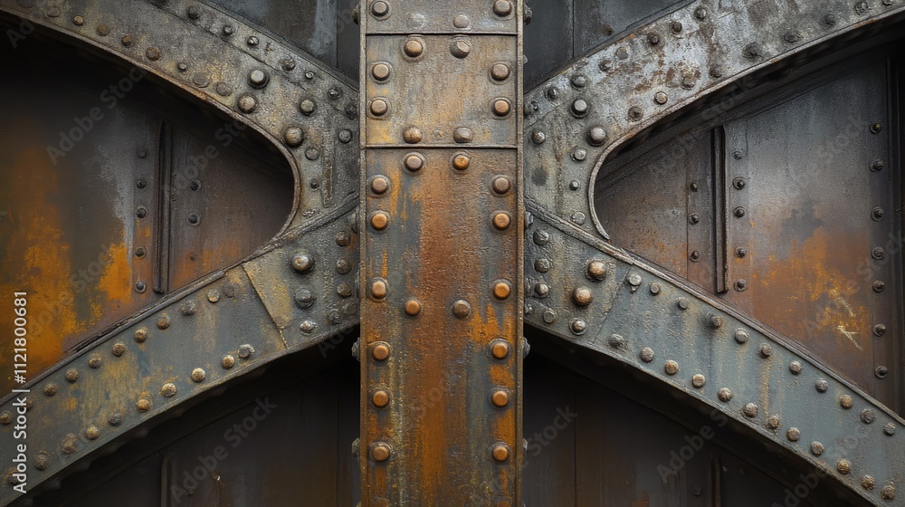 Poster rusty steel structure of tower bridge showcasing intricate metalwork and rivets against a weathered 
