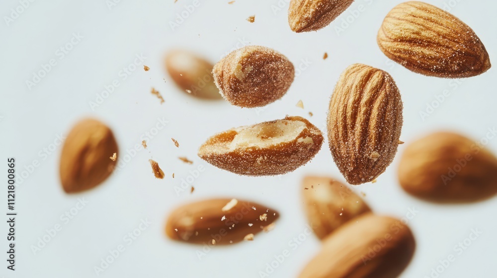 Poster close-up macro shot of roasted almonds in motion against a soft white background showcasing texture 