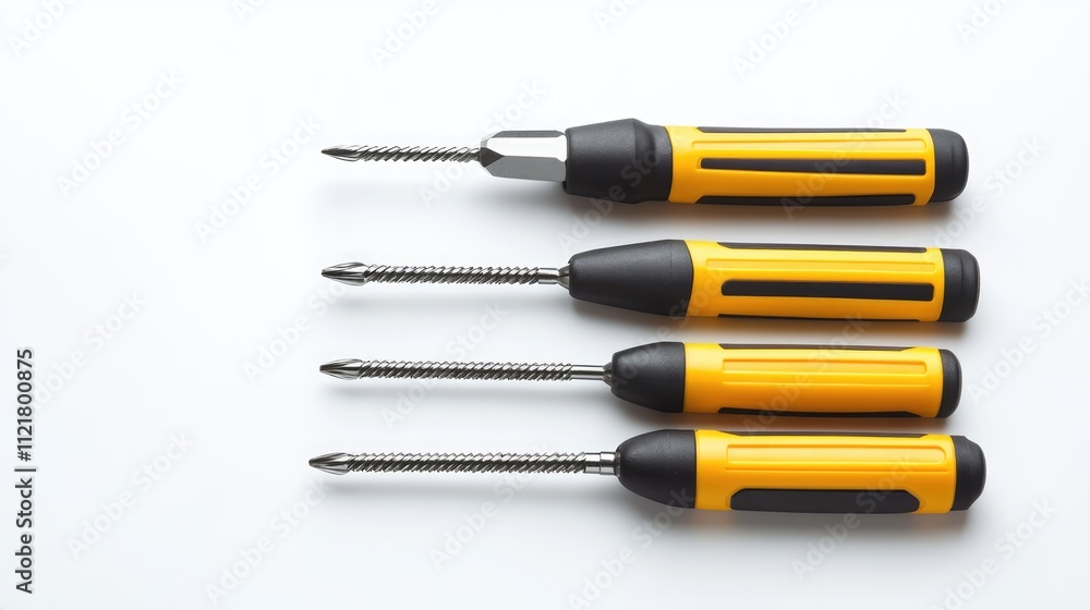 Poster assorted screwdrivers with yellow handles arranged on a white background for tools and diy projects 