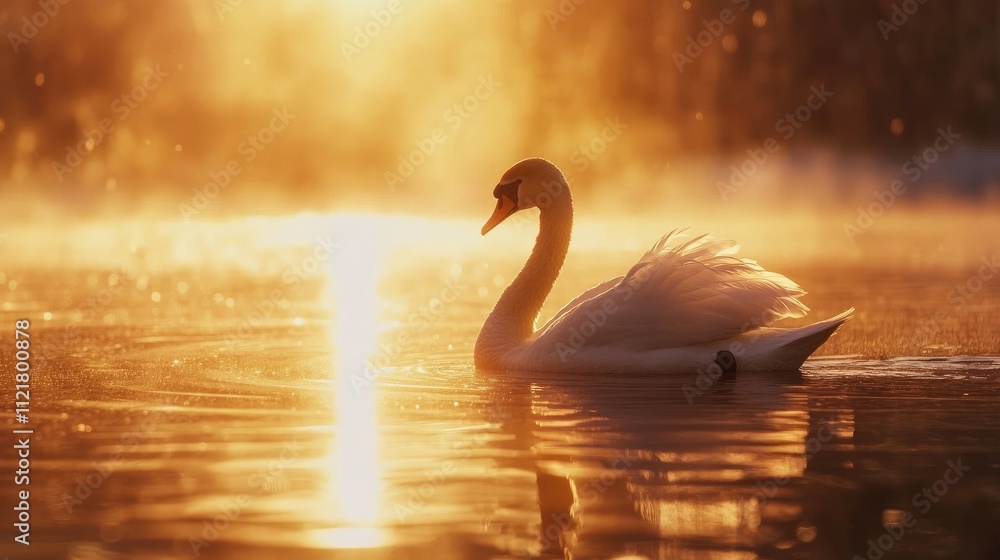 Aufkleber elegant swan gliding on serene lake waters illuminated by warm evening sunlight and misty reflection