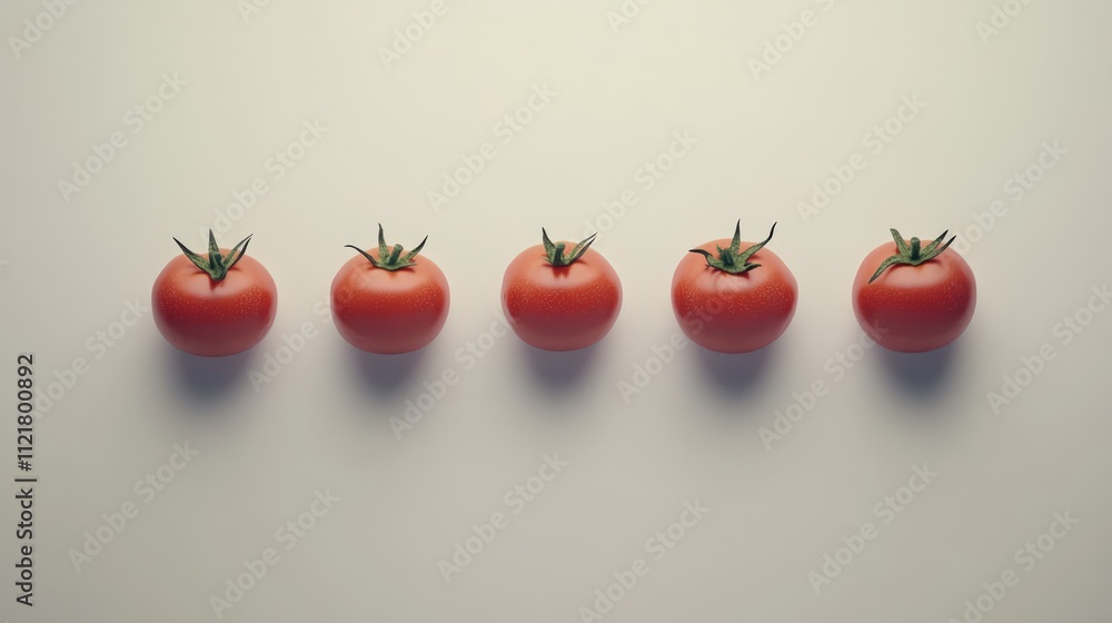 Poster fresh ripe tomatoes arranged in a row on a clean white surface showcasing their vibrant color and na