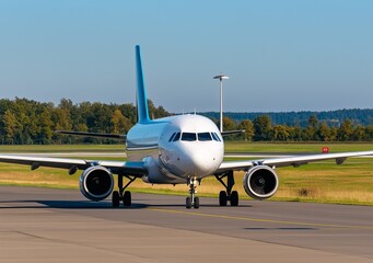 A commercial airplane on the runway at an airport, ready for takeoff.
