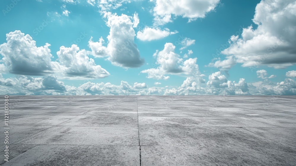 Poster wide open concrete floor with a stunning sky background and fluffy clouds creating a serene and expa