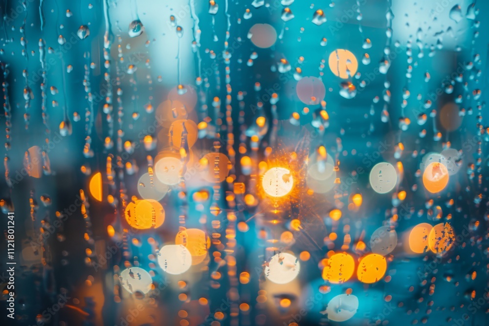 Poster blurred city lights through rainy window with colorful bokeh effect creating a dreamy and atmospheri