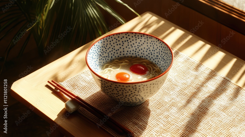 Poster ceramic bowl of ramen with eggs and chopsticks on a wooden table illuminated by natural light