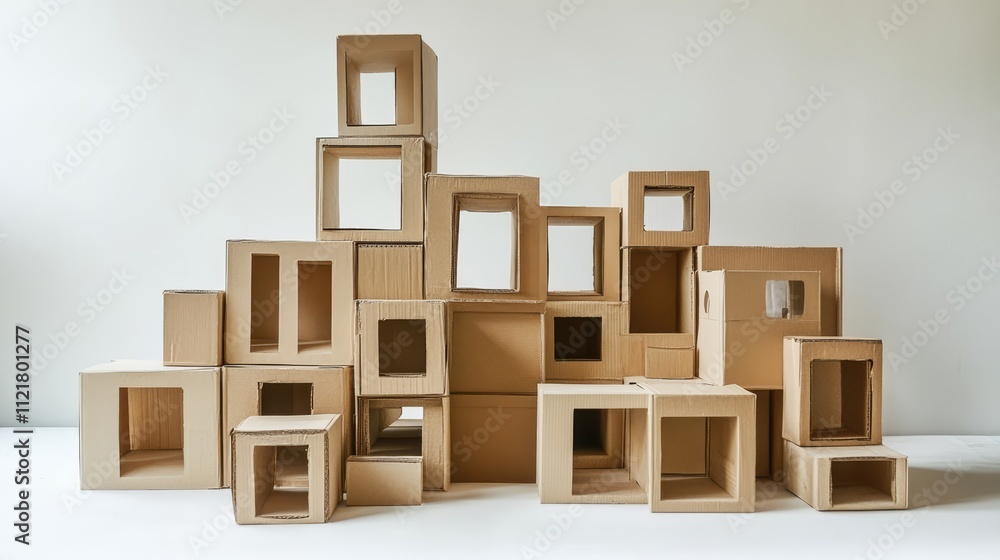 Poster cardboard boxes arranged artistically on a white background showcasing various sizes and shapes for 