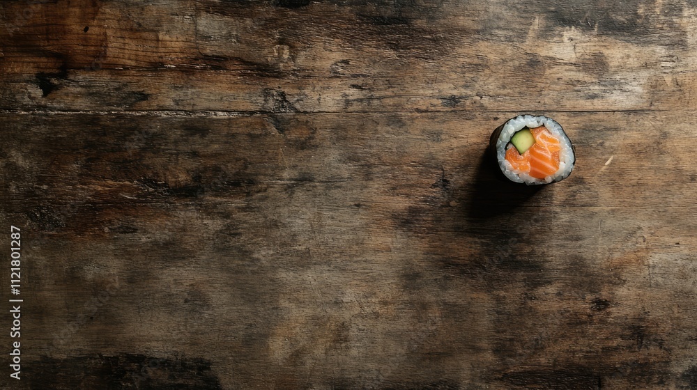 Poster sushi maki with salmon and avocado on rustic wooden surface customizable space for text aerial view 
