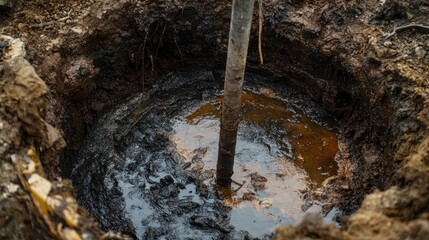 Fototapeta premium Sampling tool extracting fluid from an oil well in a muddy environment showcasing oil exploration and geological analysis techniques.