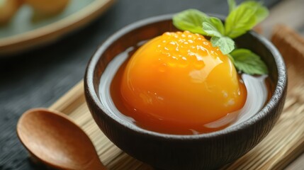 Delicious Thai dessert featuring sweet egg yolk ball with bean paste served in a wooden bowl garnished with mint leaves