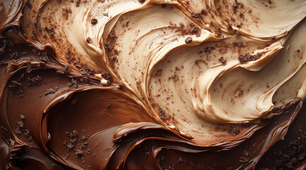Artistic close-up of chocolate frosting texture, focusing on the smooth and glossy nature of creamy milk or dark chocolate swirled into pureed symmetrical shapes, with subtle textu