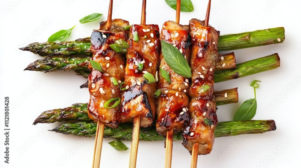 Poster grilled asparagus skewers with flavorful sauce and fresh herbs on a white background
