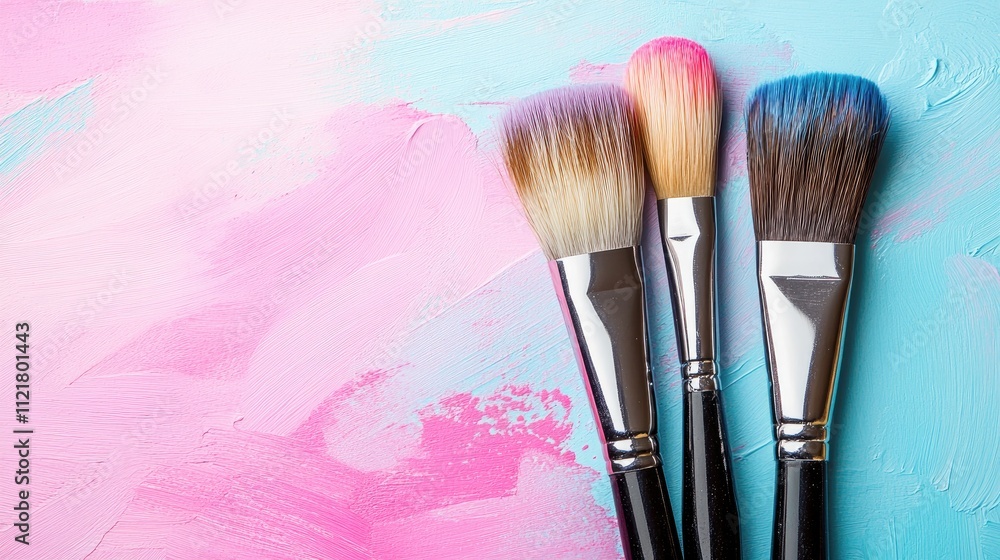 Poster three vibrant paintbrushes arranged against a colorful artistic background showcasing creativity and