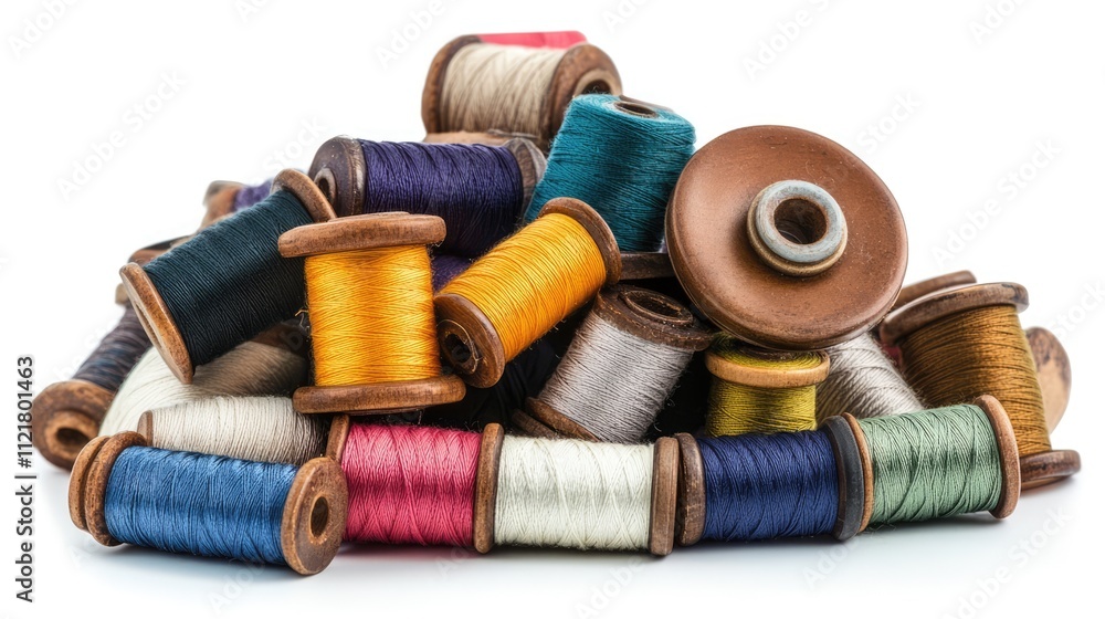 Poster colorful thread spools stacked together showcasing various hues and textures on a white background f
